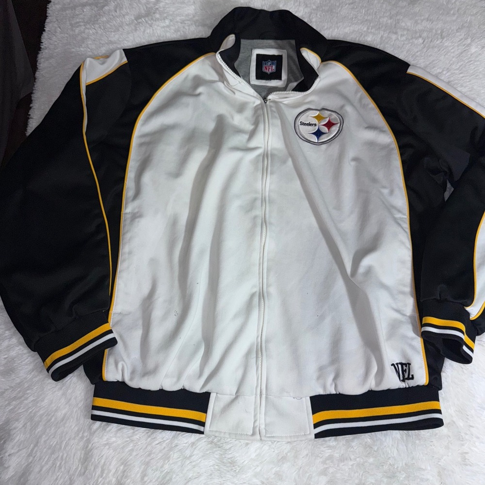 NFL Pittsburgh Steelers Mens Full Zip Track Jacket White Black Yellow Trim